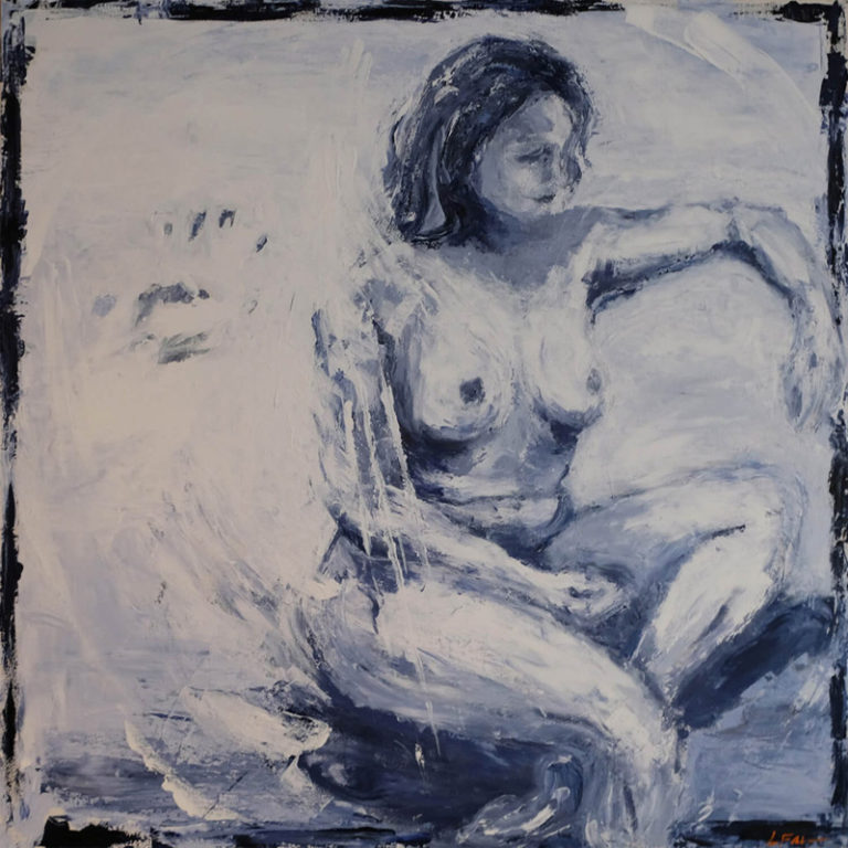 A curvaceous dark haired nude woman painted in shades of blue and white, sitting with her arm crooked and gazing off in thought.