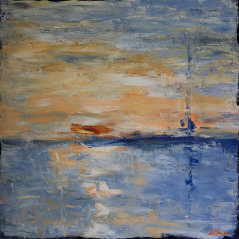 A hazy vertical dark blue line suggests the silhouette of a sailboat against pale blue water and amber sky with silver clouds.