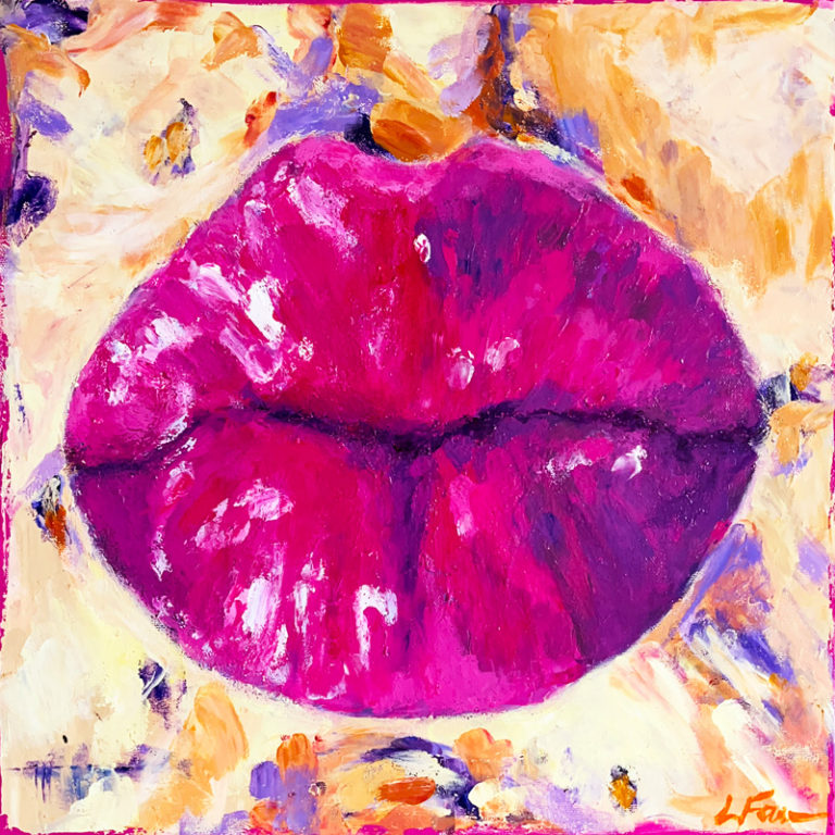 Hot pink lips, plump and pouted in a kiss, isolated against an abstract butter yellow background.