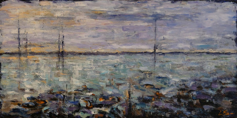 Dark purple rocks meet the wide expanse of aquamarine water with several black vertical lines on the horizon and a lilac sky.