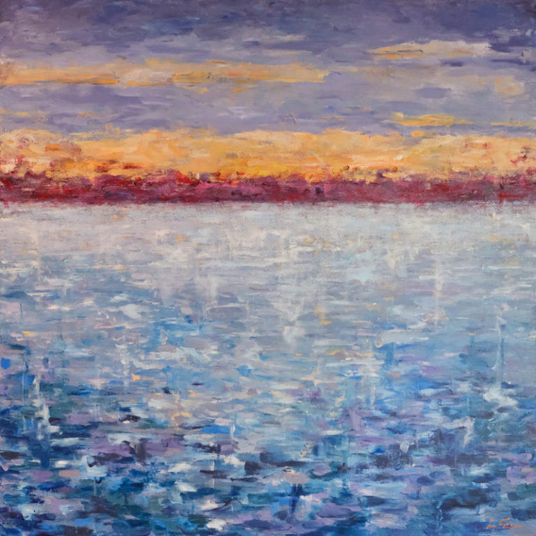 An impressionistic expanse of variegated blue finger painted strokes meets a distant horizontal line of burgundy topped by stormy blue sky and honey yellow clouds.