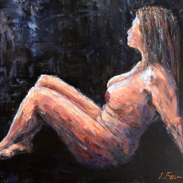 A velvet dark showcase for the jewel of body, the gentle colours revealed by a fragment of soft light, as soft as her trance. Commissioned portrait.