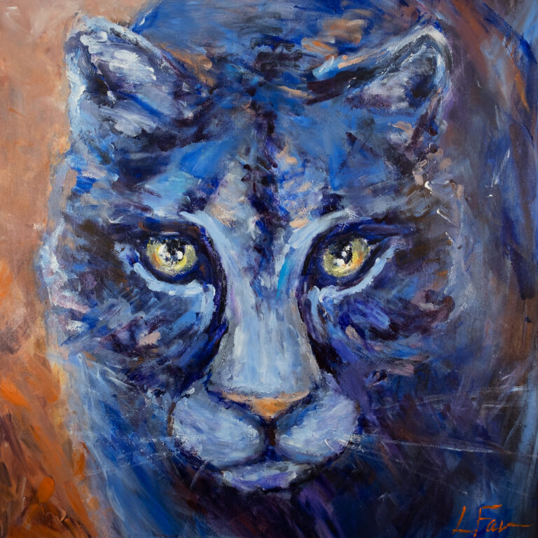 A dream cat great as a mountain lion, crossing hellfire, and impossibly, perfectly blue – your guardian for the journey.