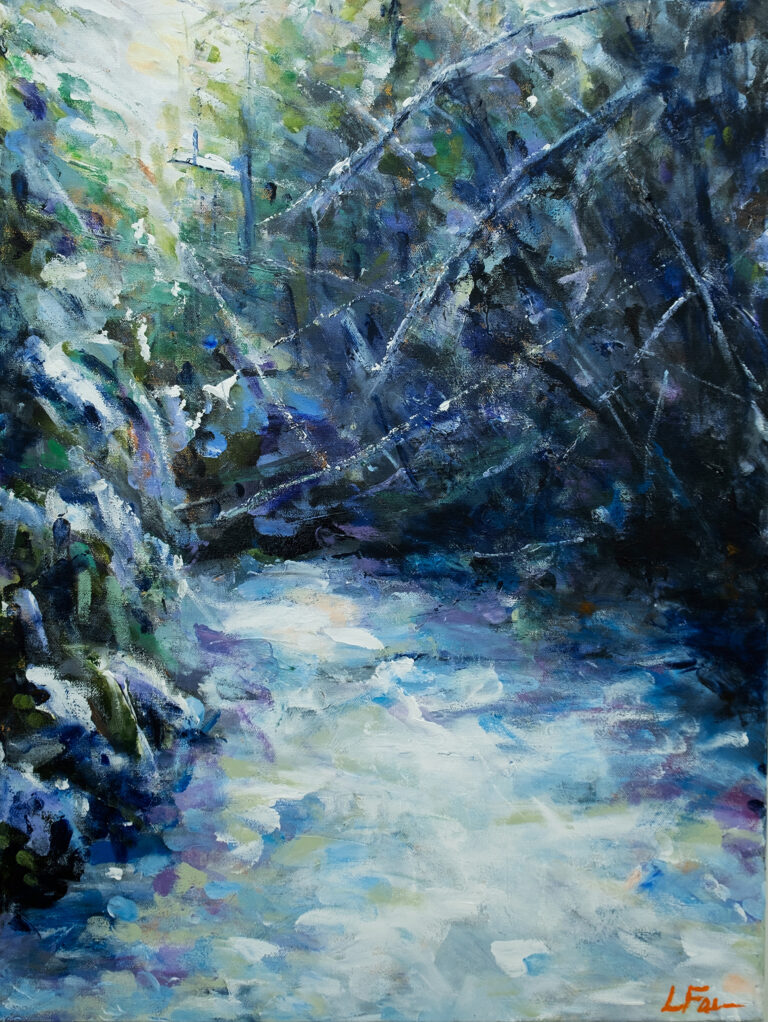 Settled snow reminds me to look, many times, slowly. Snow is not white; it is sapphire and mint and butter and ivory. It is the iridescence of Good Witch Glenda’s gown and the dull weft of an old wool coat. Painting snow requires me to forget any notion of white at all.